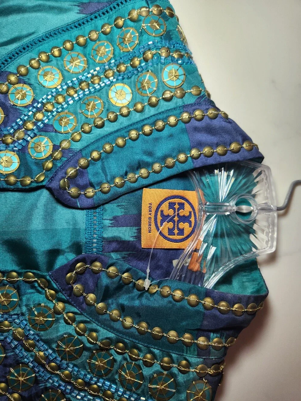 Tory Burch Iveta Silk Embellished Teal & Blue Tunic Top. Size 8